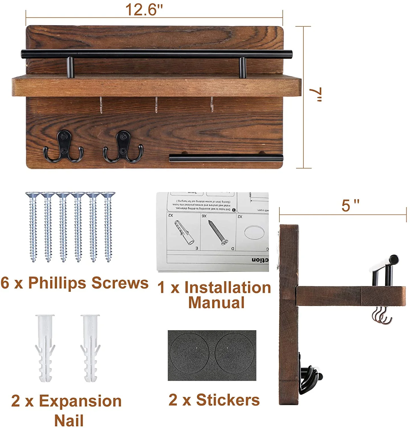 Rustic Wall Mounted Key Rack Wooden Mail Holder Key Holder Rack with 4 Double Key Hooks for Home Decor