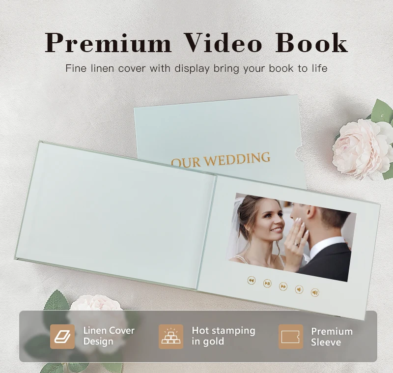 High Quality Wedding Invitation Card With 7 Inch linen hardcover wedding video brochure with gold foil video memory book