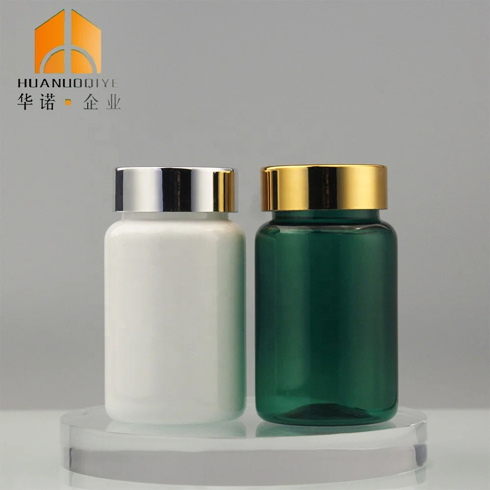 Large Size 100ml Thick Matte Green Color Medicine Pill Vitamin Protein Powder Plastic Bottles Containers with Gold Lid