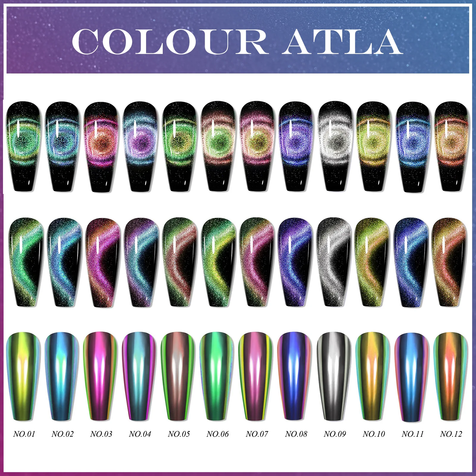 12 Colors Cat Eyes Nail Powder Chameleon Magnetic Powder 5D Cat Eye Effect Mirror Effect with Magnetic Stick for Velvet Nail Art