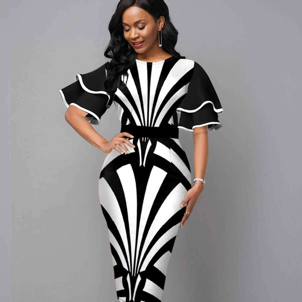 Color Block Flare Sleeve Round Neck Dress