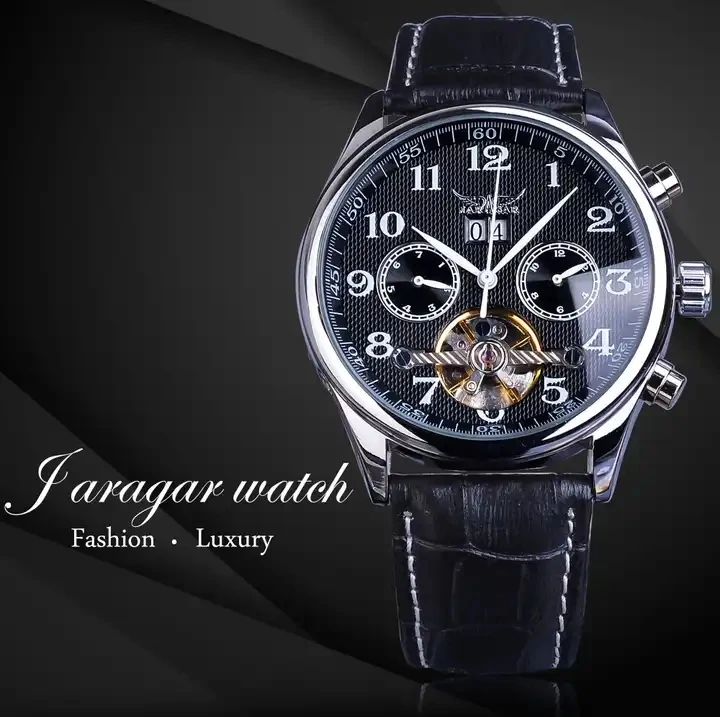 Jaragar New Mens Watches Automatic Tourbillon Mechanical Watch Black Calendar Clock Leather Strap Business Wristwatch Gift