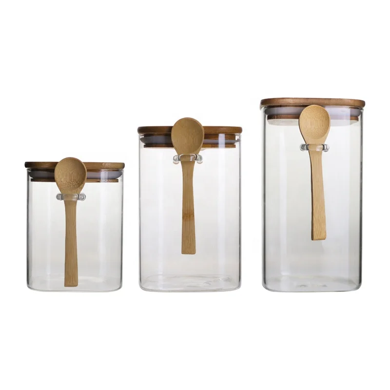 
Square Round food glass jar with bamboo cover and wooden spoon store candy cookies and other food 