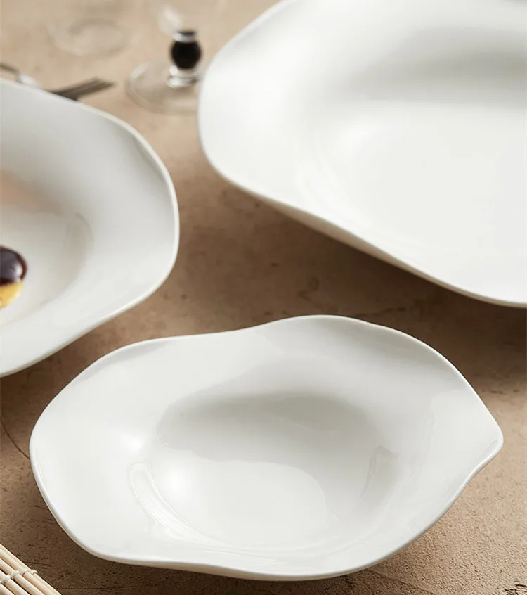 Restaurant Hotel Unique Irregular Rimmed White Diner Plates Porcelain Dessert Salad Dishes and Plates