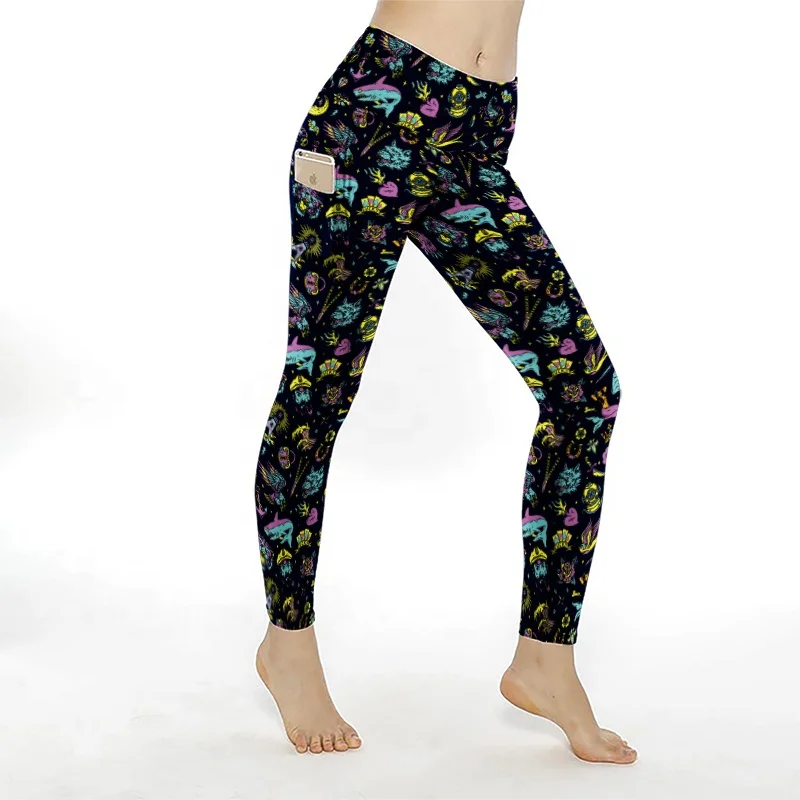 Factory Wholesale High Waist Yoga Waist OS TC TC2 Kids S/M L/XL Custom Printed Vintage colorful sea tattoos Leggings pockets