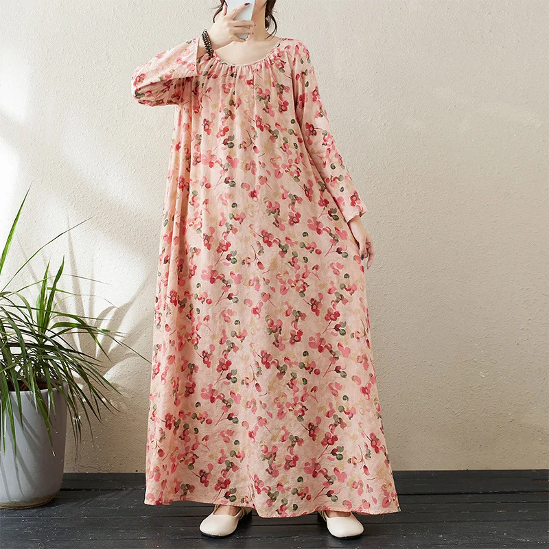 Autumn new round neck draw pleated slack lazy skirt minimalist long-sleeved holiday style casual loose dress