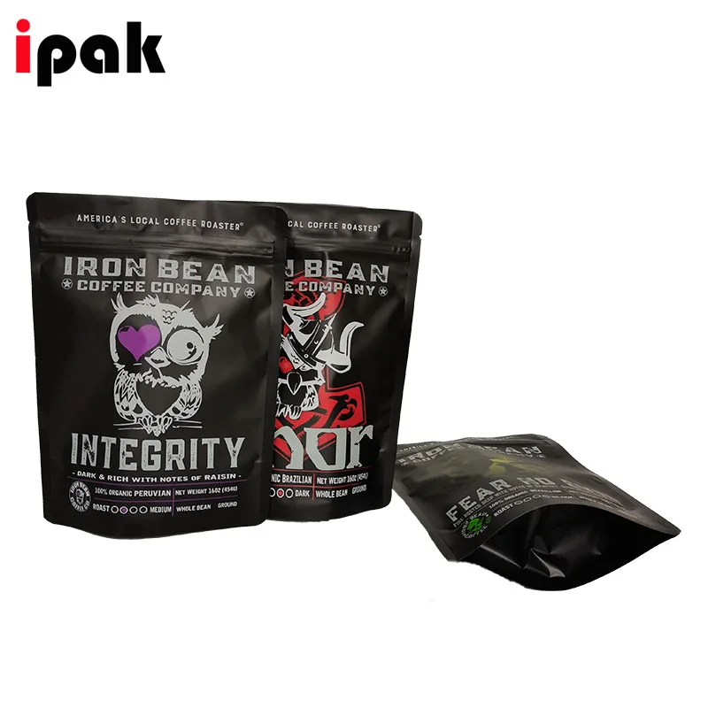 Custom printing coffee packaging pouch smell proof food packaging zip lock matte black stand up pouch bags