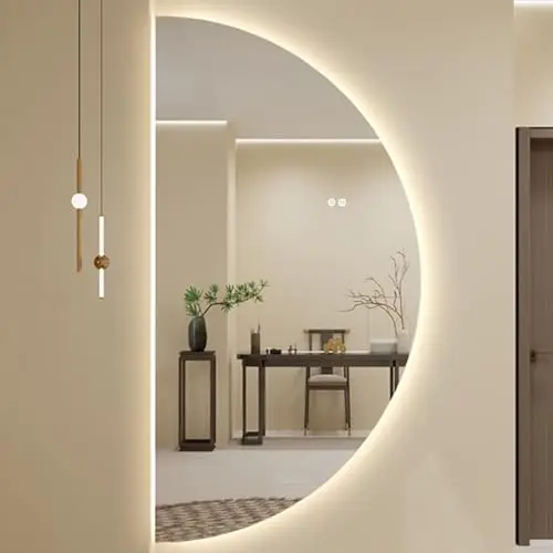Illuminated Semicircle LED Bathroom Mirror, Hanging Semicircle Vanity Mirror, Half Moon Irregular Large Wall Mirror