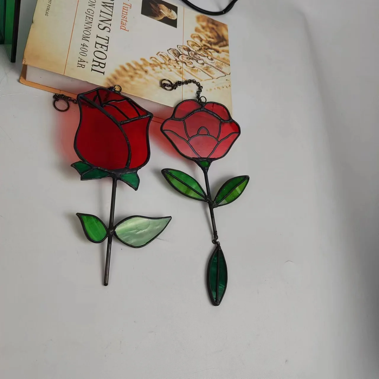 Red Rose Flower Stained Glass Window Hanging Valentines Day Rose Gifts for Lovers Stained Glass Rose Everlasting Flowers