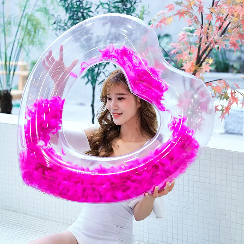 
Inflatable Pool Float Summer Party Toy Feather Transparent Heart Swimming Ring with Colorful Glitters Inside 