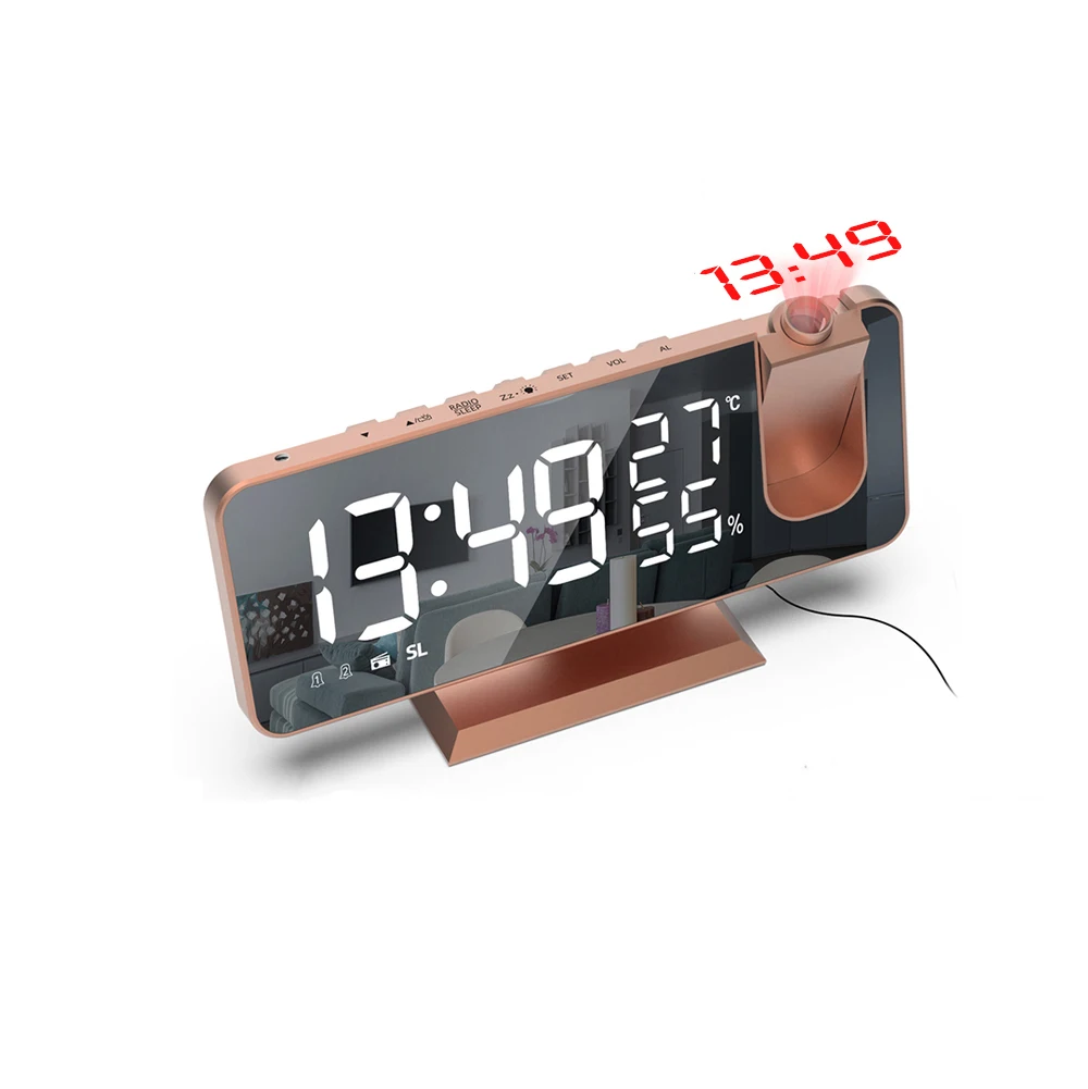 0-100% Dimmer 180 Rotatable USB Rechargeable LED Digital Projection Electronic Alarm Clock with Time Projector and FM Radio