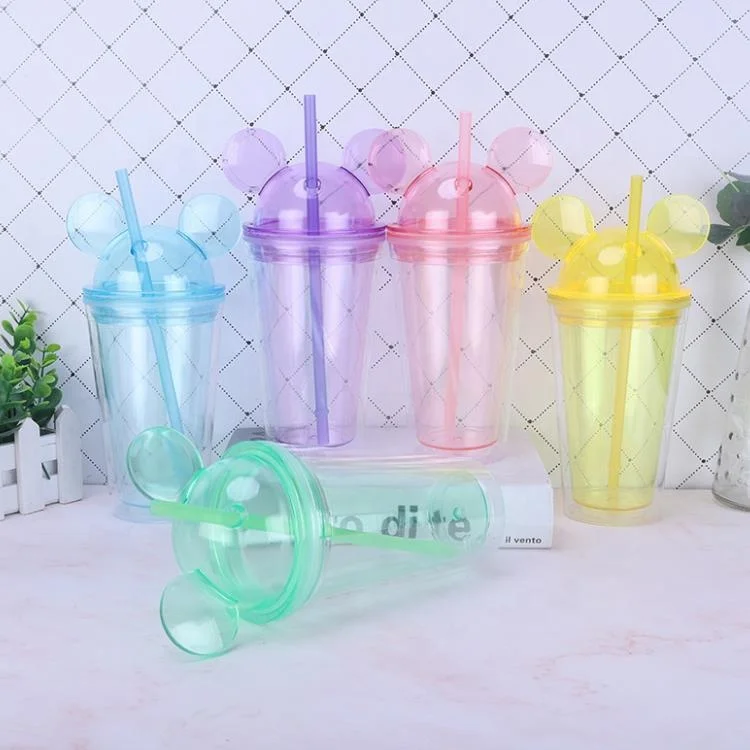New Fashion 16oz Double Wall Plastic Mouse Ear PS Tumbler cup with Lid and Straw