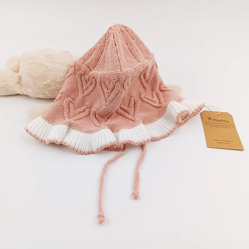 Paleo Baby Knitted Bonnet Kids Cute Pink Adjustable Vintage Jacquard Soft Baby Girl Knit Bonnets Newborn Cotton Lace Hat