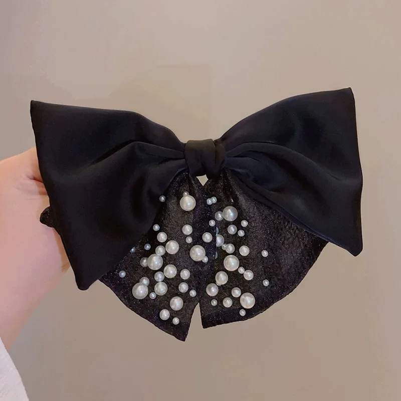 Mori Pearl Hair Clip Women Simple Elegant Bow Top Hair Accessories Fabric Ribbon Sweet Super Fairy Style Spring Metal Plastic