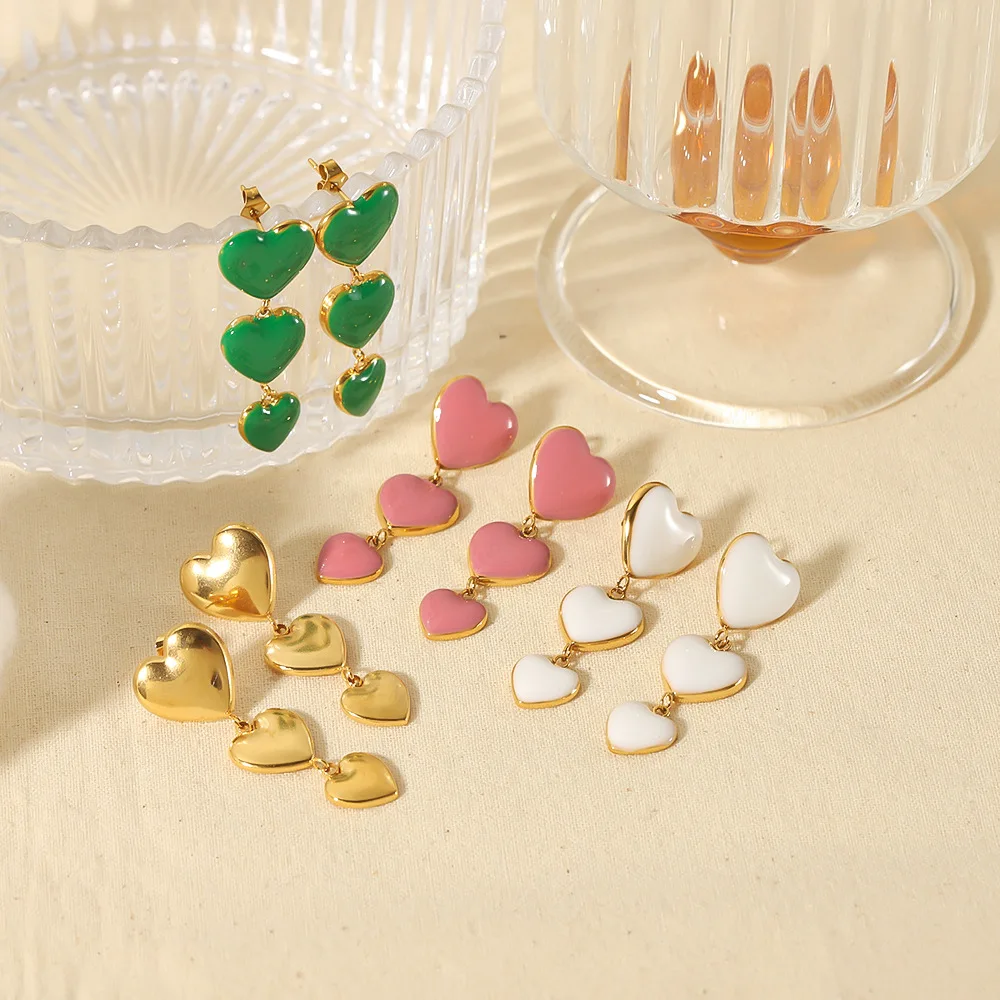 Oil Dropping Green White Pink Love Heart Pendant Earrings 18K Gold Titanium Steel Long Drop Dangle Earrings Jewelry