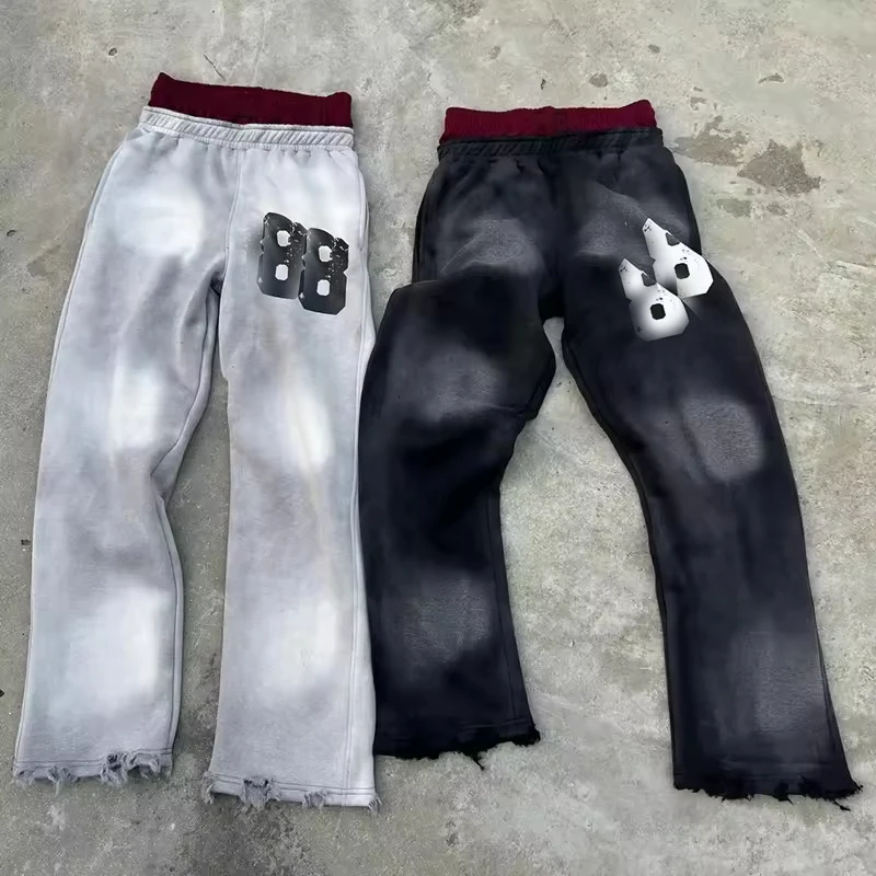 Custom Loose Sun Faded Sweatpants French Terry Distressed Washed Double Waist Straight Trackpants Acid Washed Flare Sweatpants