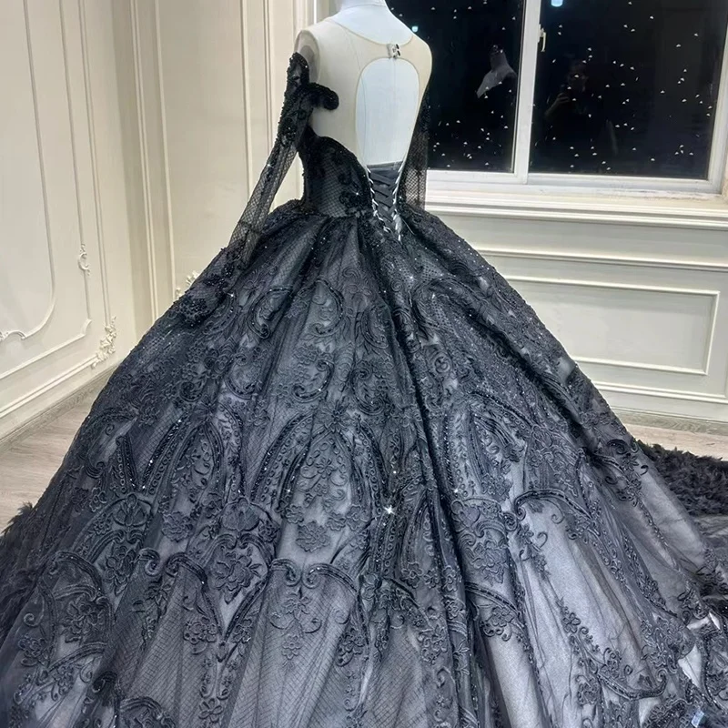 Black feather embellished large tail dress dinner long dress  wedding dress long sleeves