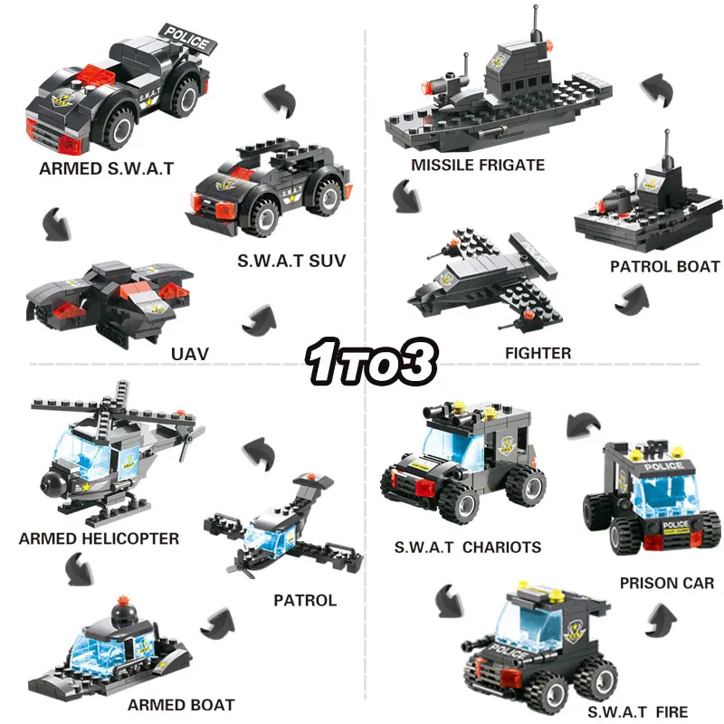 725pcs 8 IN 1 City SWAT Truck Car Robot Building Blocks Compatible Legoinglys City Police Station Bricks Toys for Boys Children