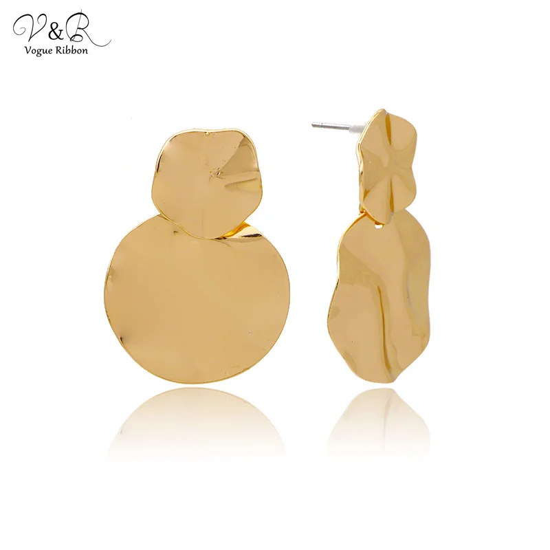 V&R Gold Plated Geometric Wave Hammered Textured Metal Plate Drop Dangle Earring for Women