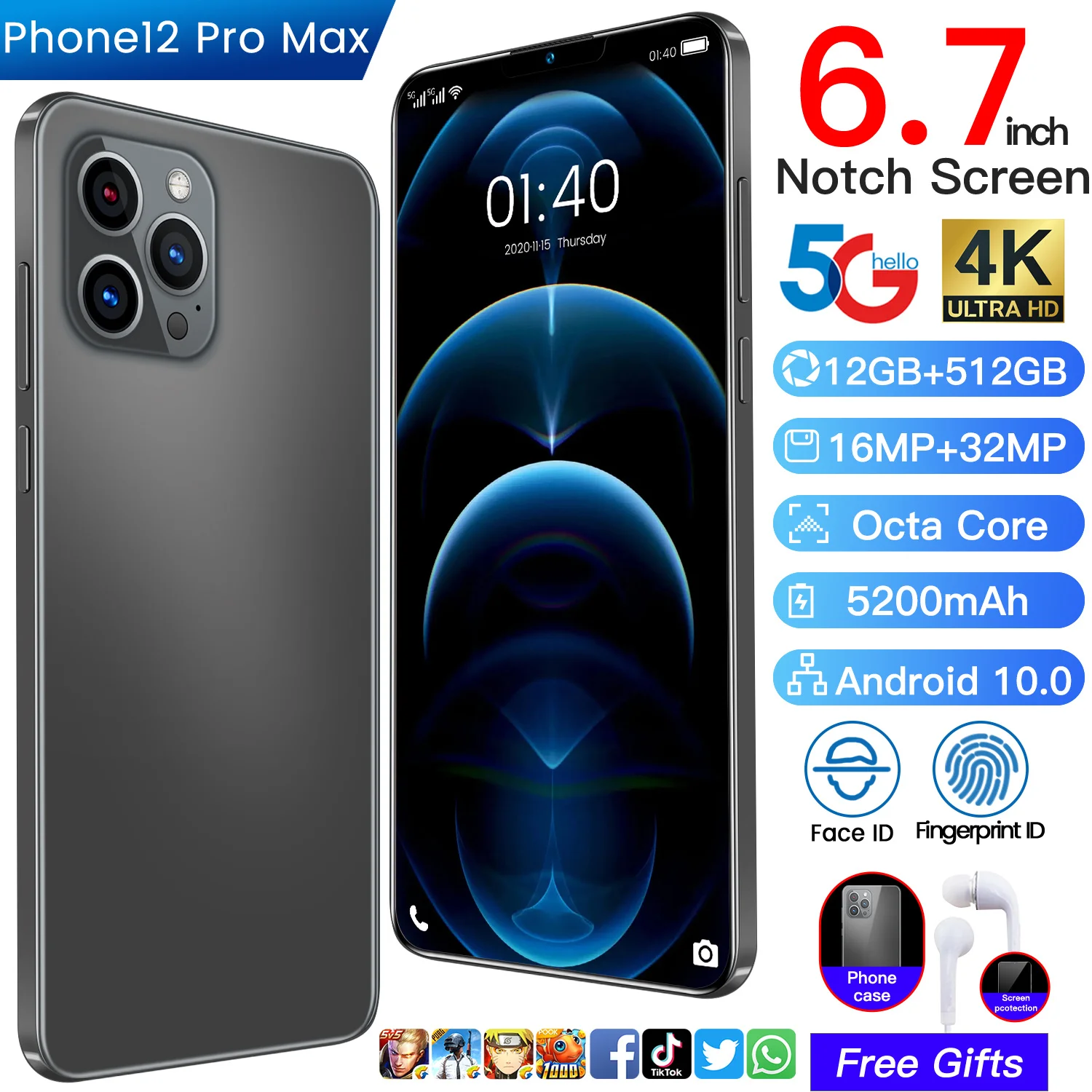 Самый дешевый телефон 12 Pro Max мобильный с большим экраном 6 7 дюйма оригинальный смартфон Android емкостью + 512 ГБ и батареей 5000