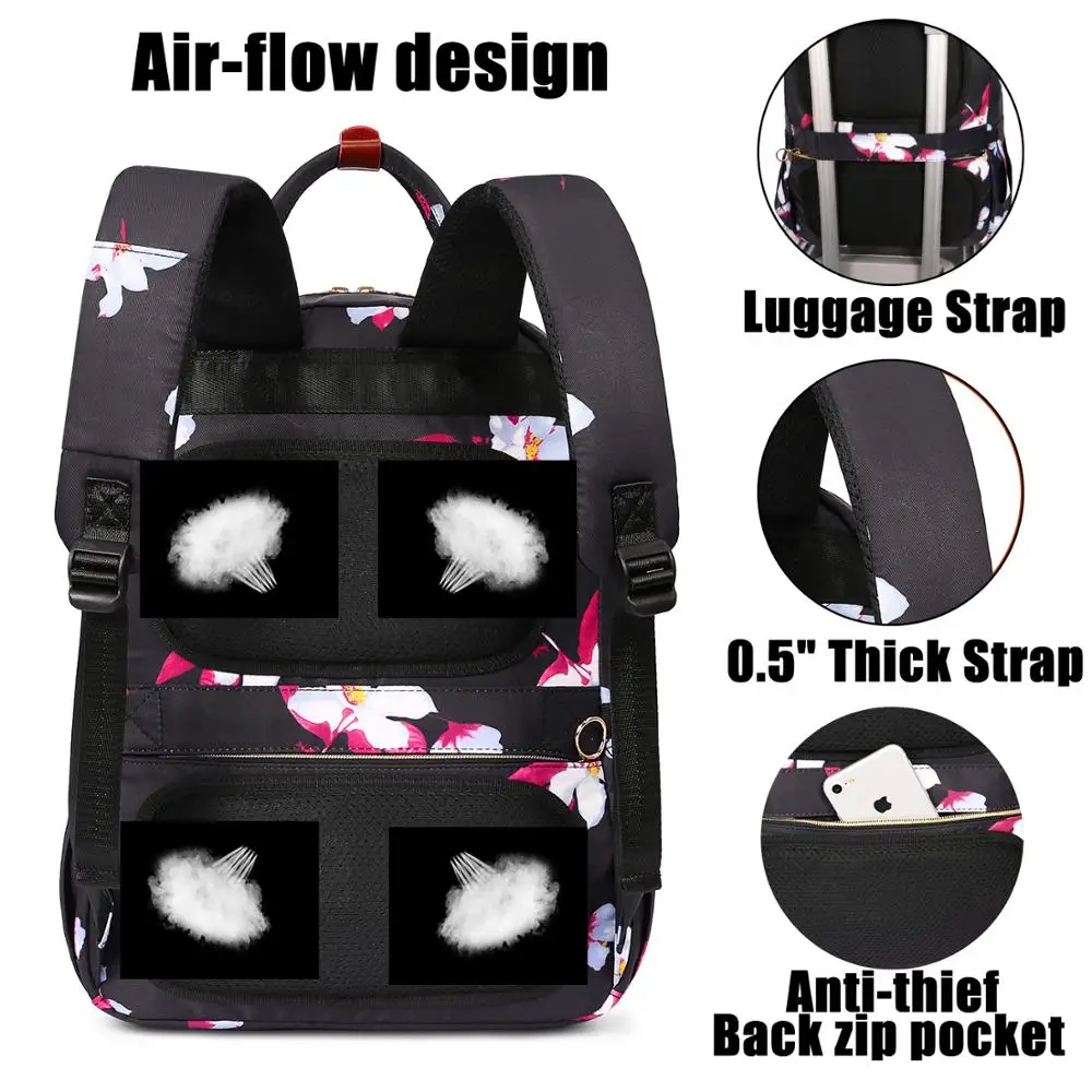 Lokass 15.6 inch Floral School Bookbag Laptop Bag Laptop Backpack with USB Charging Port and Luggage Strap