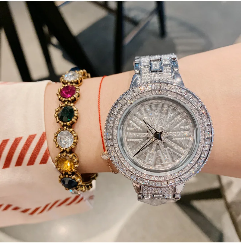 Full Of Diamond! High Quality Silver Plating Shining Diamond Quartz Watch For Party Iced Out Women Bracelet Watches Wrist Luxury