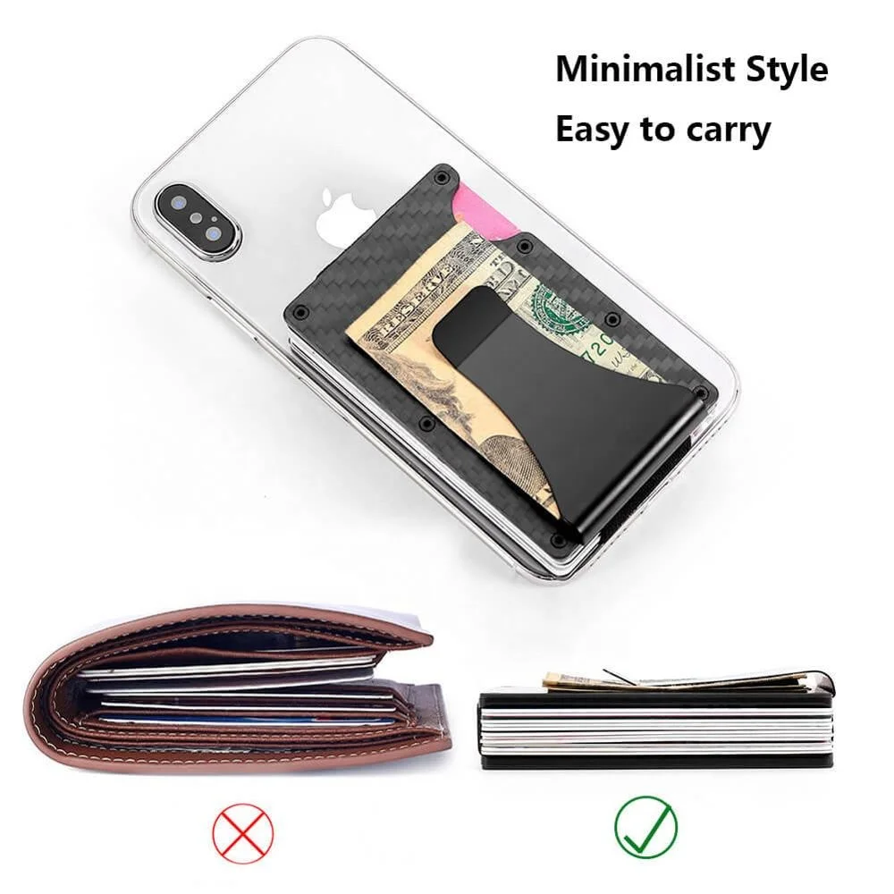 
RFID Carbon Fiber Minimalist Card Wallet Front Pocket Wallet Slim Credit Card Holder with Money Clip RFID Blocking Metal Wallet 