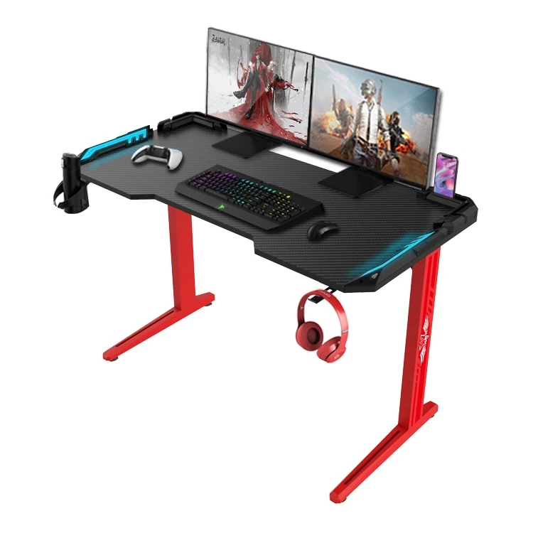Wholesale Modern T Shaped RGB Red Gaming Desk With LED Custom PC E-sports Gamer Desk 120cm Computer Gaming Table