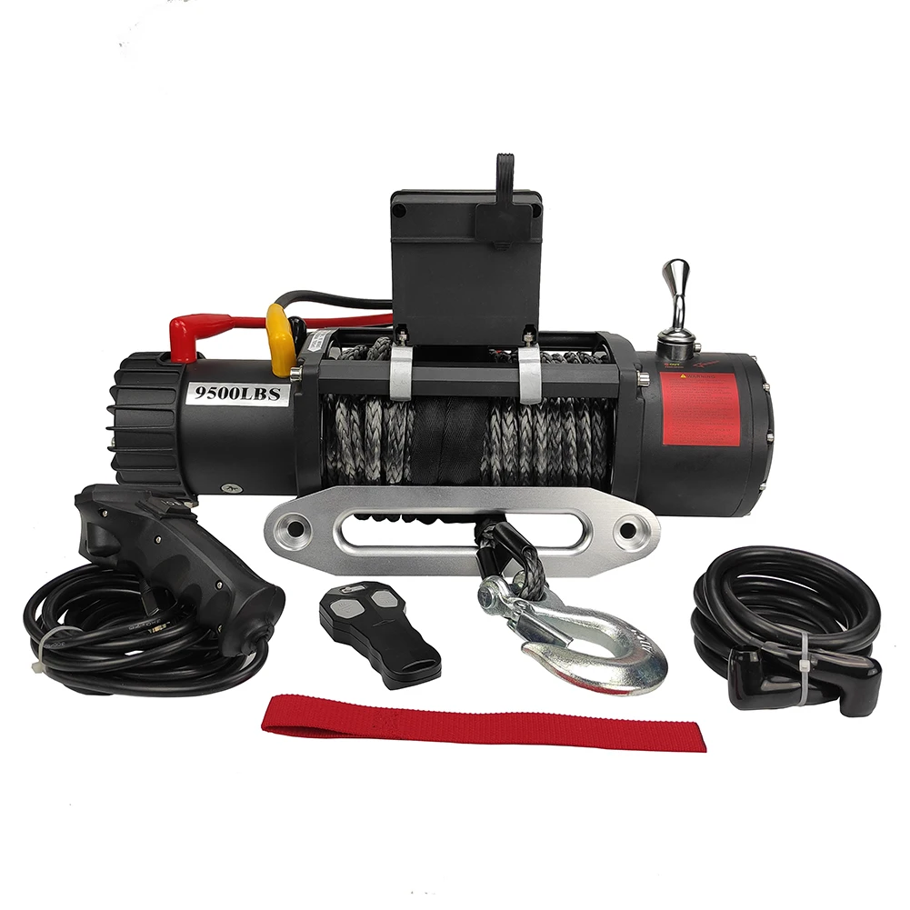 Factory hot sale electric winch 9500 lbs 12V 24V synthetic rope winch