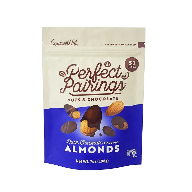 Custom snack nuts plastic ziplock stand up pouch chocolate covered almonds packaging bags