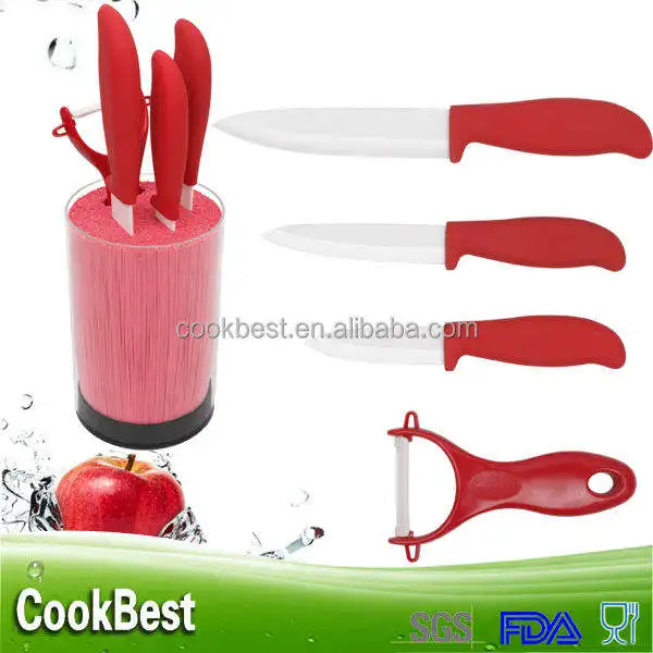 Kitchen Best 4pcs Ceramic Knife Set with Swiss China Handle 6 Inch Fruit Fork Tiles Cutter Stand Included