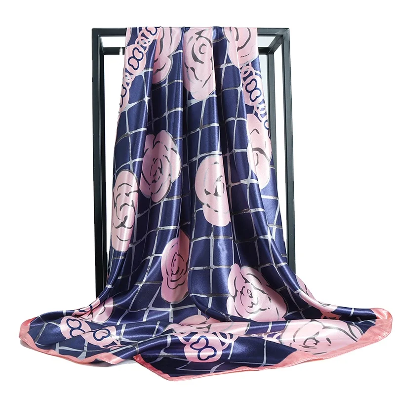 Factory Beautiful Color Tudung Fareha Square Satin Checked Flower Printed Scarf For Women Winter Hijab