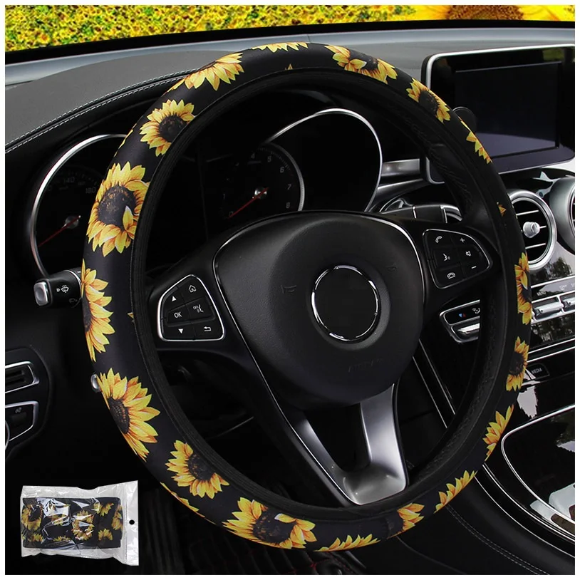 With car logo elastic print pattern universal car steering wheel cover custom with blue lady on it car steering wheel cover set