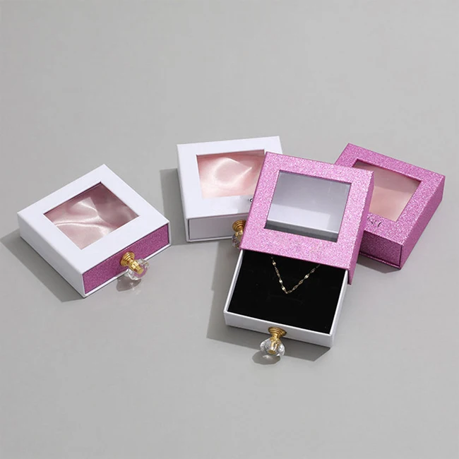 Custom Sliding Drawer Transparent Window Jewelry Box Cardboard Logo Packaging Necklace Crystal Treatment False Eyelash Box