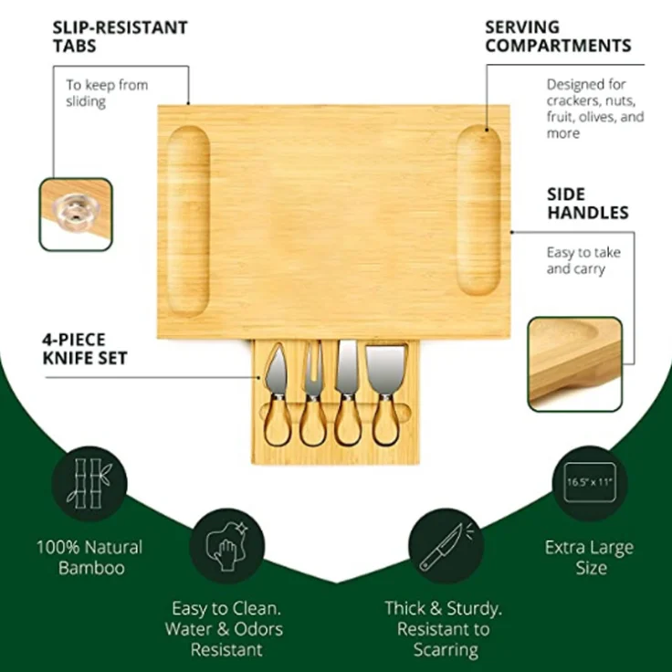Unique Bamboo Cheese Board, Charcuterie Platter & Serving Tray Including 4 Stainless Steel Knife & Thick Wooden Server