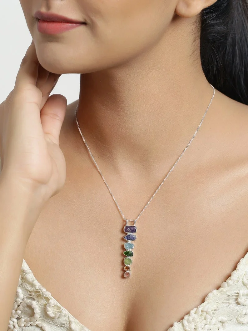 7 Chakras Stone Healing Handmade Pendant Necklace Jewelry with Real Raw Gemstones, Solid 925 Sterling Silver Chain for Women