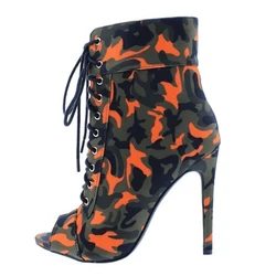 Женские камуфляжные ботильоны на высоком каблуке-шпильке, с открытым носком, на шнуровке, короткие ботинки на высоком каблуке, большой размер 43, с камуфляжной сумкой