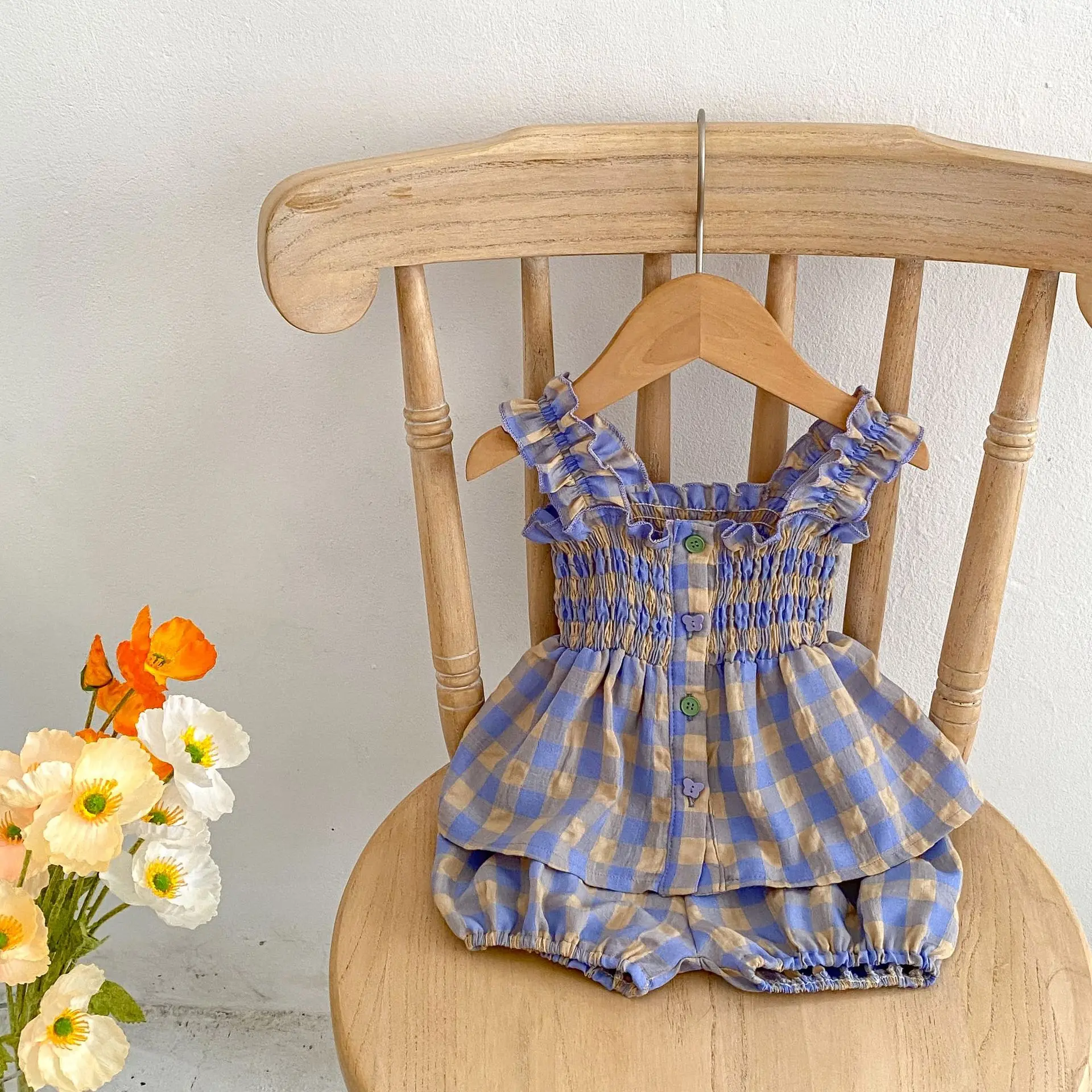 Summer Baby Girl Plaid Suit Sleeveless Doll Shirt and Flower Shorts  Two Piece Outfits Purple Baby Girl Clothes Set