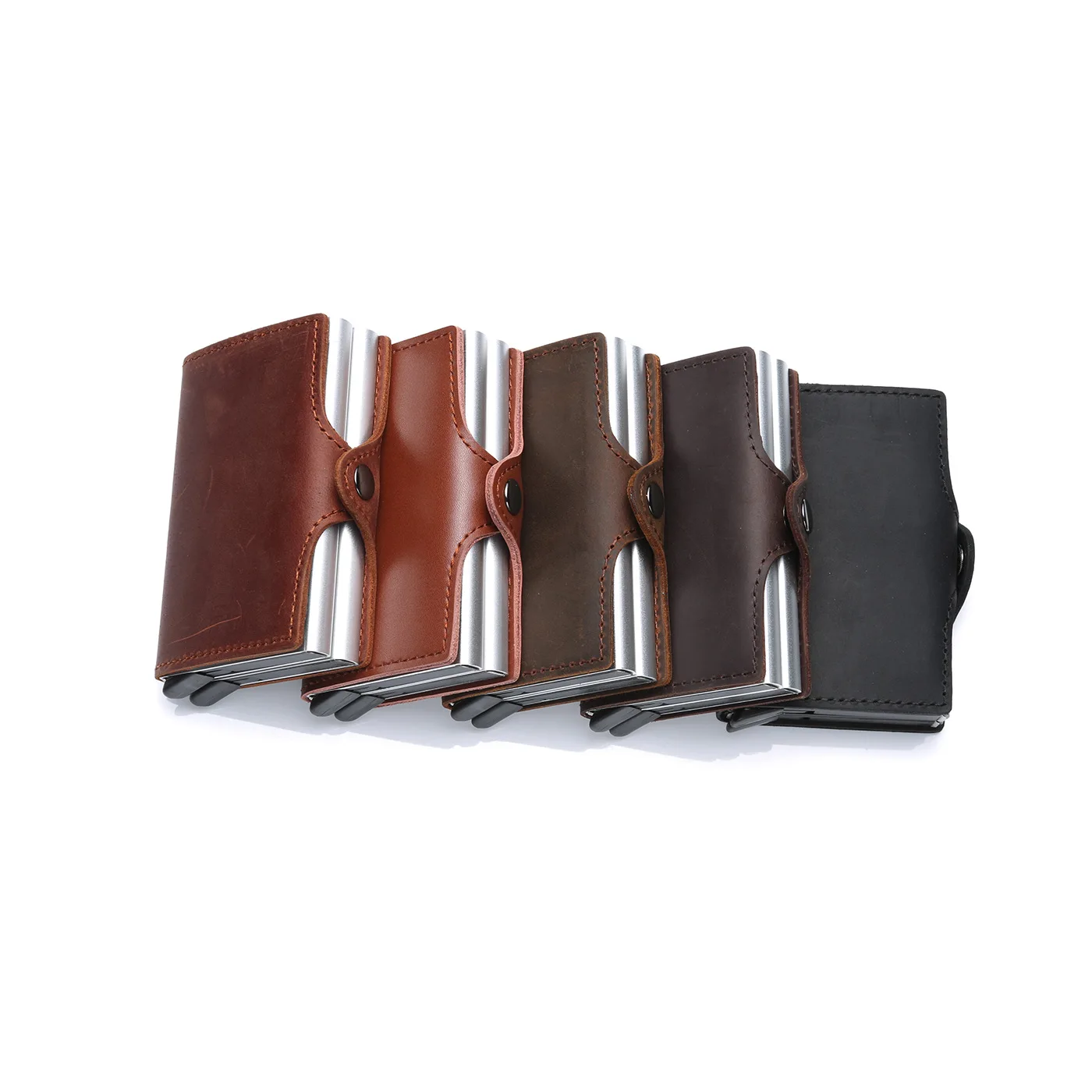High capacity Double box Aluminum Genuine Leather RFID Safe Card Case Automatic Pop Up Credit Card Holder Case