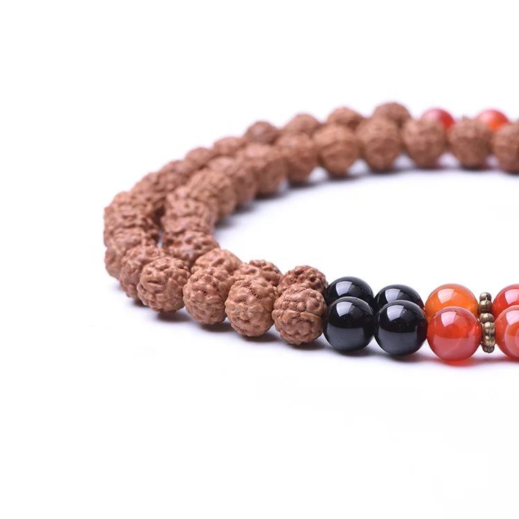 Natural Gemstones Black Onyx And Rudraksha 8mm Bead Mala With Tassel 108 Bead Yoga Necklace