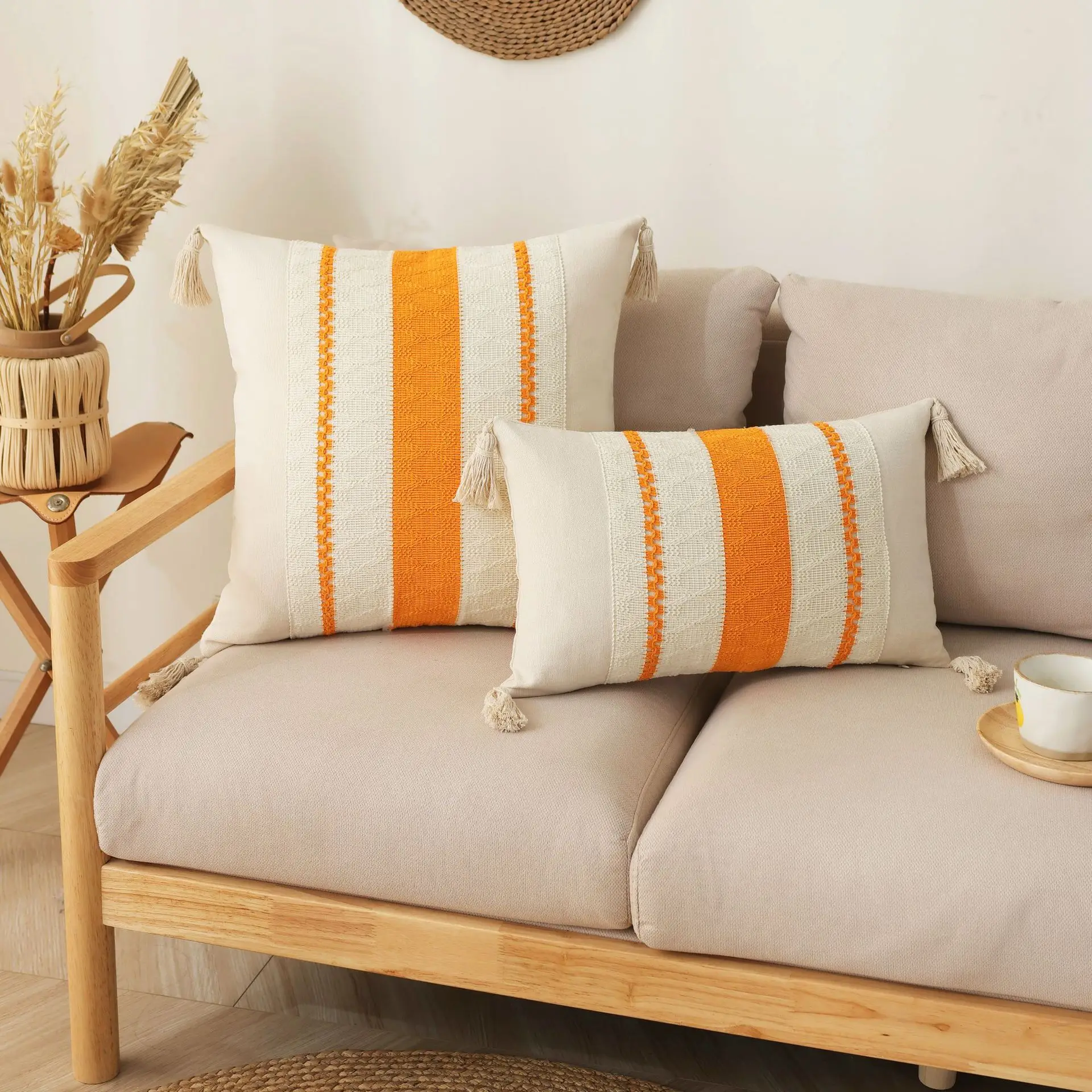 Striped Cotton Canvas Tassel Jacquard Throw Pillow Cover Macrame Patchwork Decorative Sofa Cushion Cover Lumbar Pillow