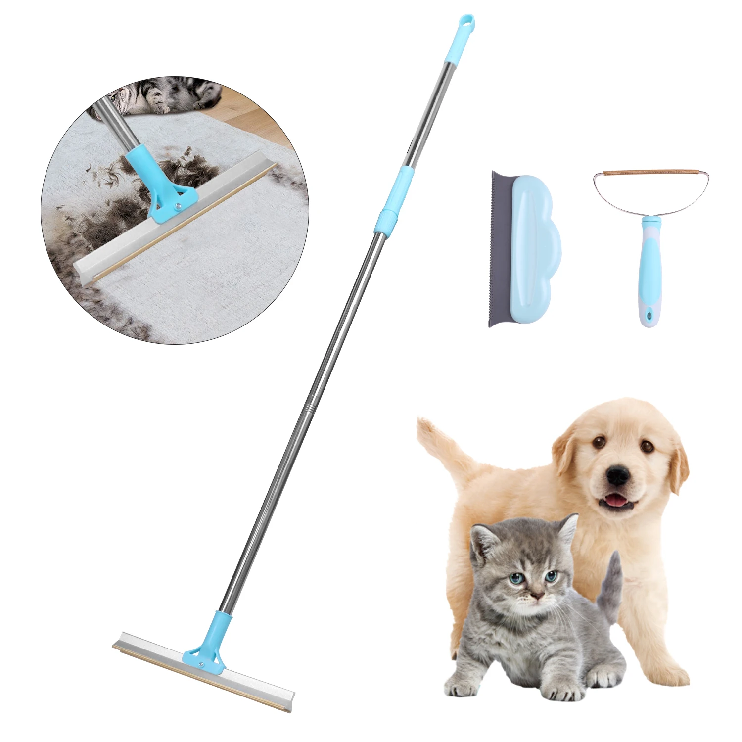 Adjustable Long Handle 3 Pack Carpet Rake Reusable Lint Remover Brush Set Pet Hair Remover with Dust Wiping Function