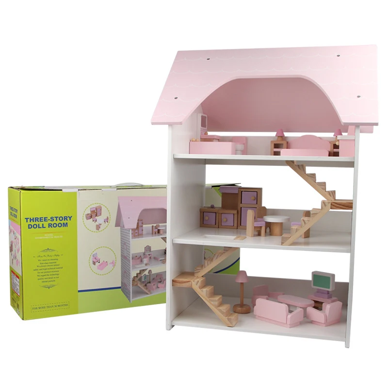 Custom Mini Dollhouse Wooden Model with 3 Sets of Miniature Furniture and DIY Toy Box Unisex Toy for Girls