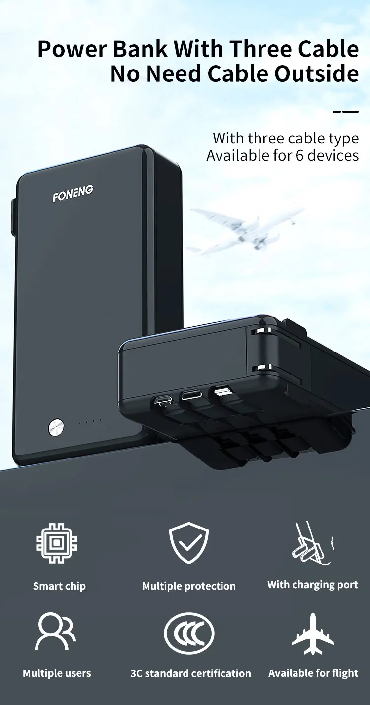 2021 Новый Дизайн Power bank 10000 мАч с 3 встроенными кабелями и портативным зарядным устройством для мобильных телефонов банки питания быстрой