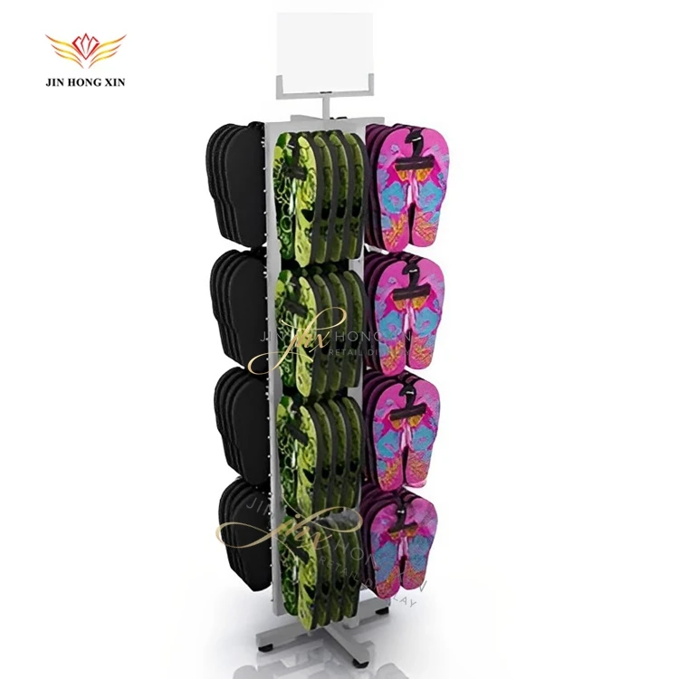 Rotating 4 Way Hanging Flip Flops Rack Shoe Retail Store Floor White Metal Sandals Slipper Footwear Display Stand For Promotion