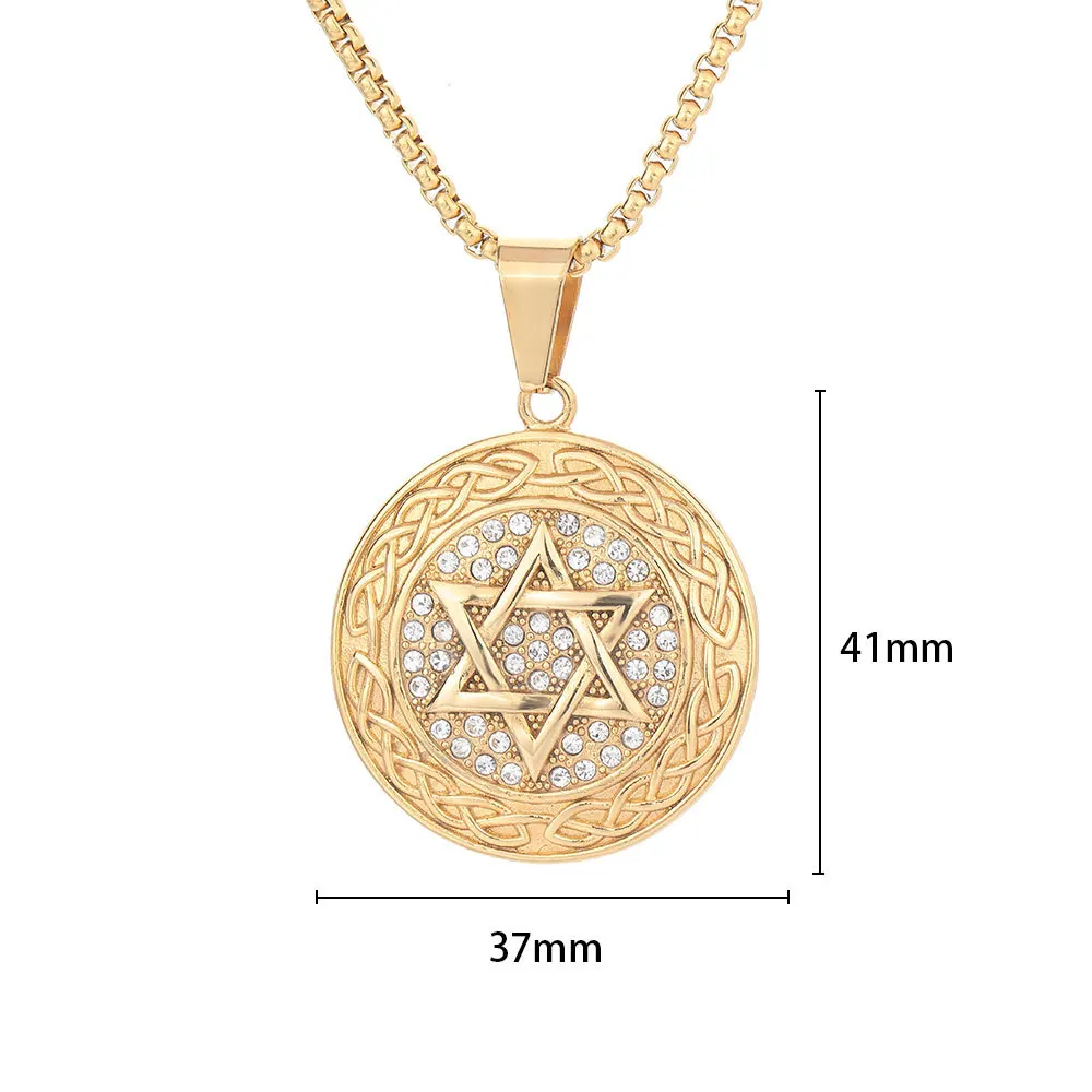 Hip Hop Coin Hexagram David Jewish Star Plated Non Tarnish Cubic Zirconia Waterproof Stainless Steel Jewelry Pendant for Male