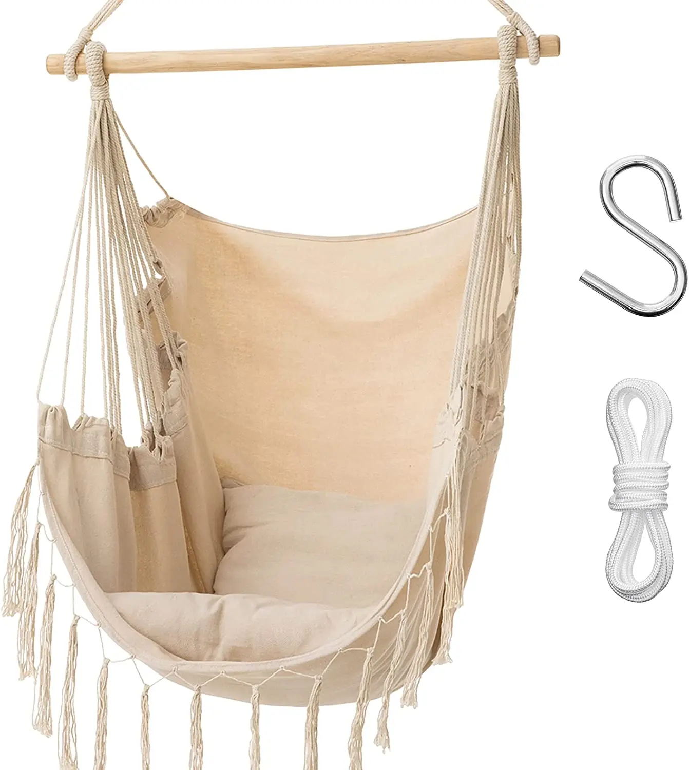 Outdoor Furniture Modern Swing Chair With Wooden For Garden Hanging Chair With Rope For Adult Have Tassel And Cotton Fabric