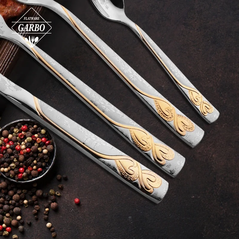 Russia Vintage Cutlery Set with Laser Flower Pattern 18/8 Stainless Steel Gold Plated Camping Cutlery  including Fork and Spoon