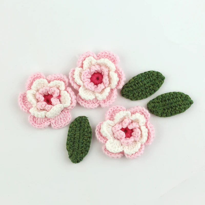 Ручная работа, вязаный крючком цветок с зелеными листьями, 3D хлопковый цветочный мотив, сделай сам, одежда, повязка для волос, сумка, аксессуары