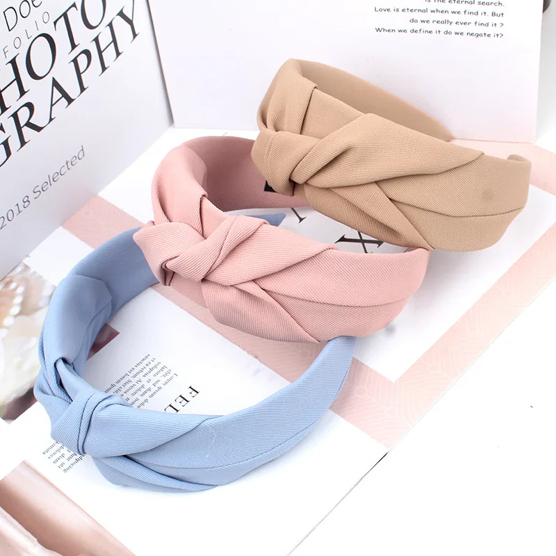 Autumn Winter Twist Knotted Solid Color Headbands for Women Wide Edge SimpleVersatile Headdress Factory Wholesale